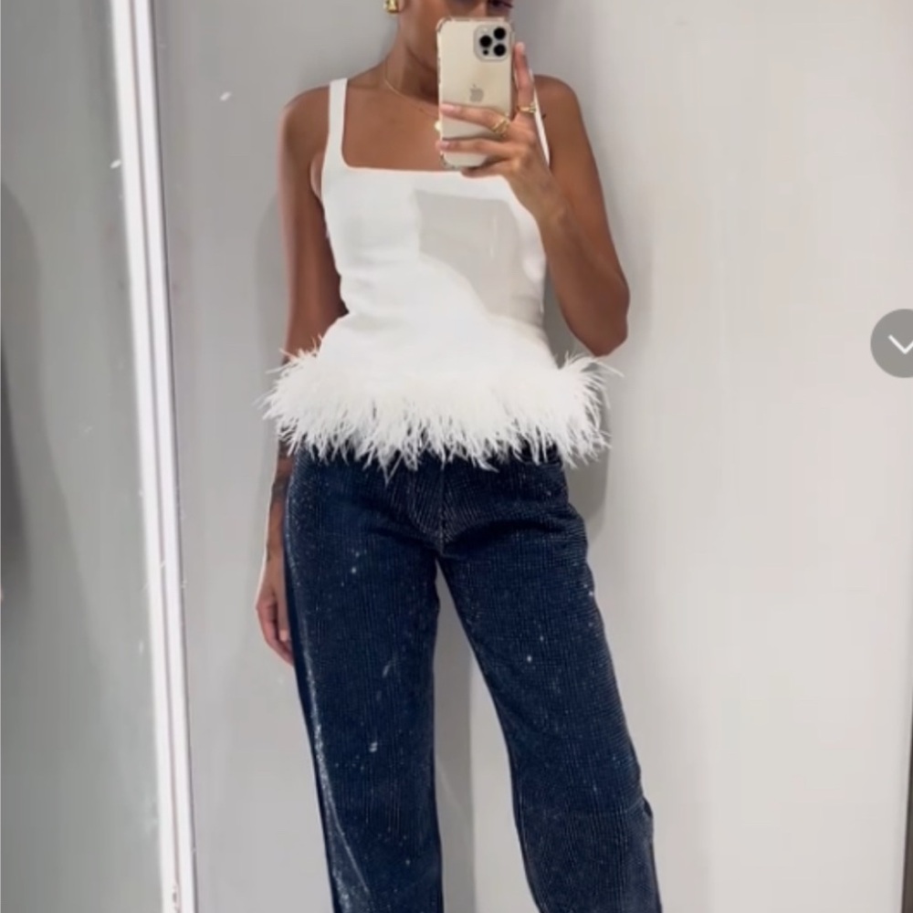Zara White Feather Trim Top